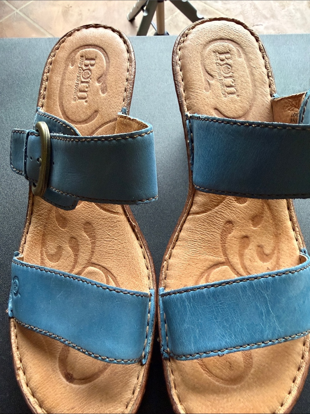 Born Blue Leather Double-Strap Slide Clogs